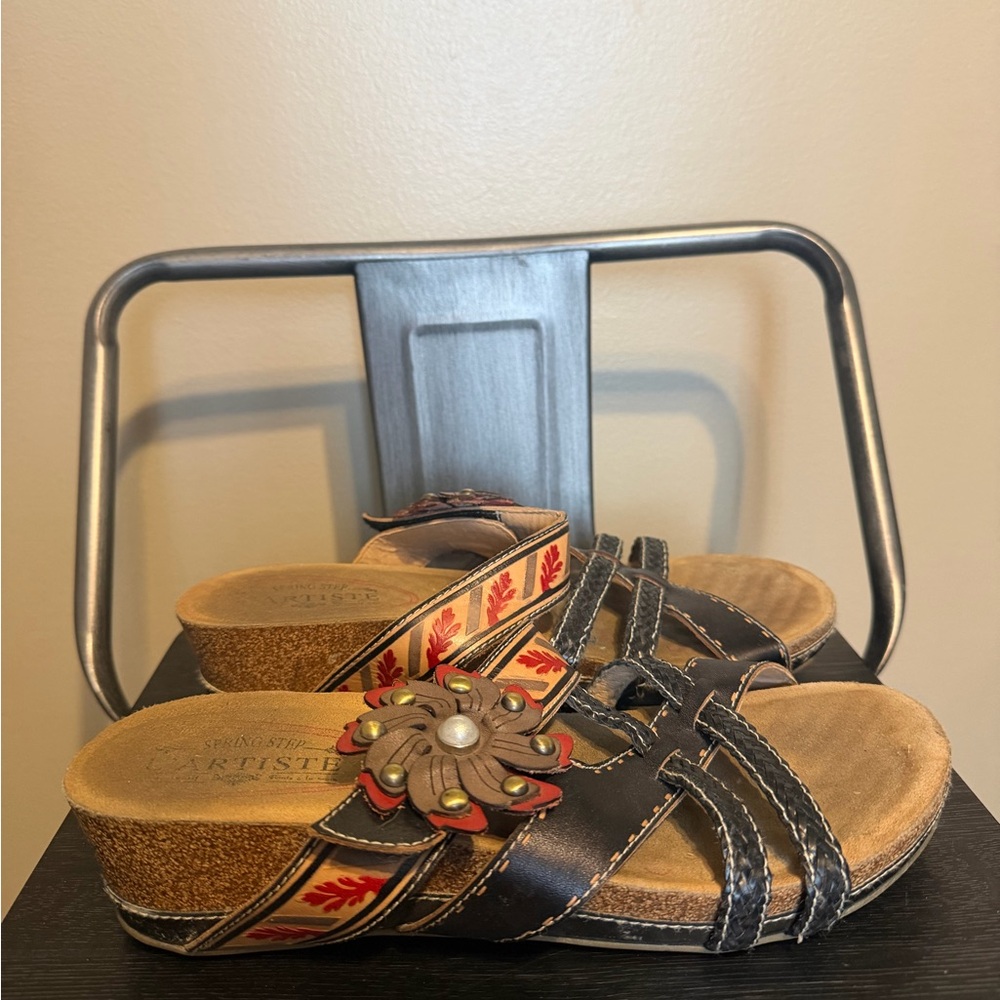 Spring Step Artiste Deonna Leather Sandals Size 9 Boho Floral Studded Sz 9/ 40